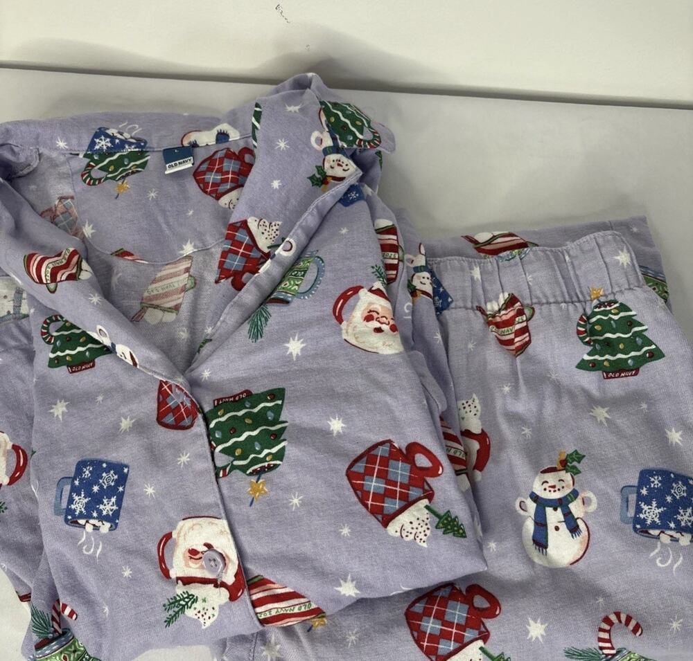 Old Navy Womens Flannel Pajamas Set Size Large Purple Christmas Santa Snowman